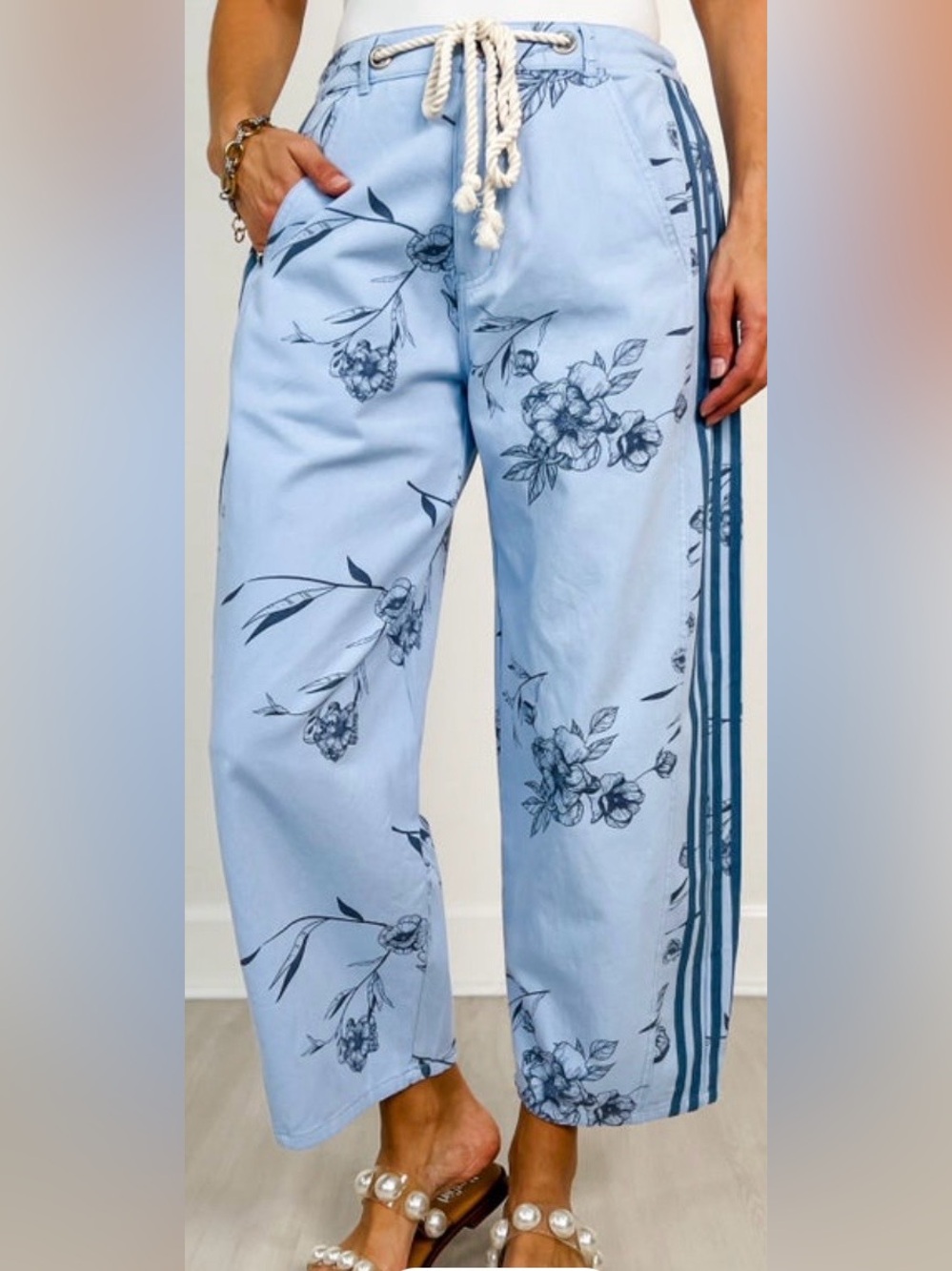 Oddi Wide Leg Drawstring Pants in Light Blue Floral *boutique*